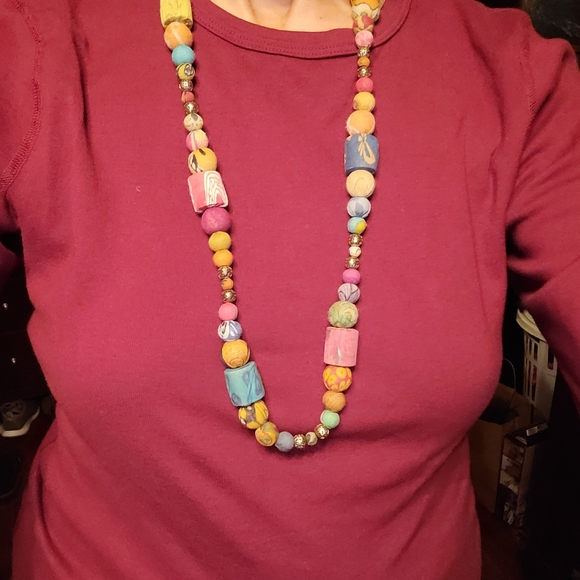 Multicolor Fabric Bead 32+ in. Necklace & 1 in. Hoop Earring Set - Picture 11 of 11